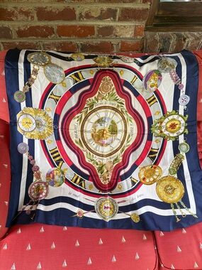 HERMÉS Navy, Red & White Silk Scarf with Clock Motif